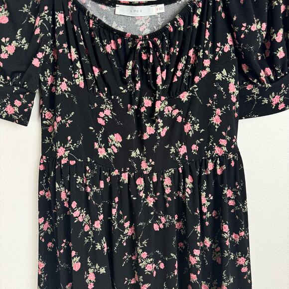 Lush Floral Midi Dress Size S Tie Bust Short Sleeve Black Pink Coquette Bow - Picture 5 of 8